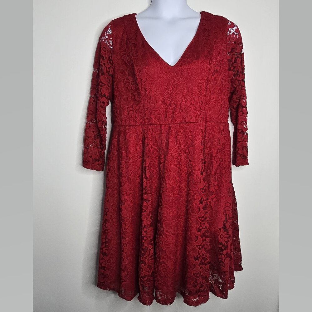 Torrid Dress Sz 2 2X Red Lace Lined Long Sleeve Fit and Flare V Neck Cottagecore
